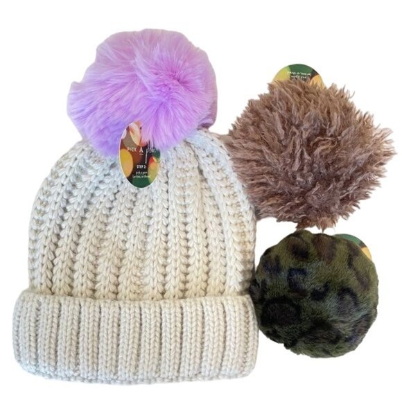 Anthropologie Pick A Pom Beanie Stocking Hat Ivory Set 3 Poms purple Green NWT - Picture 1 of 10